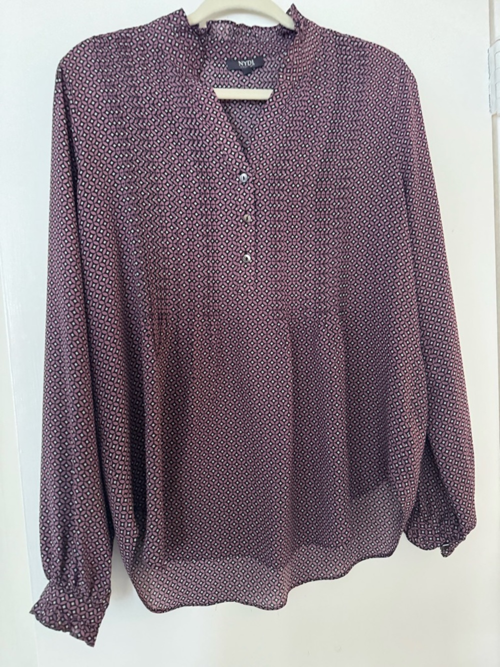 NYDJ Plum Printed Long-Sleeve Split-Neck Blouse